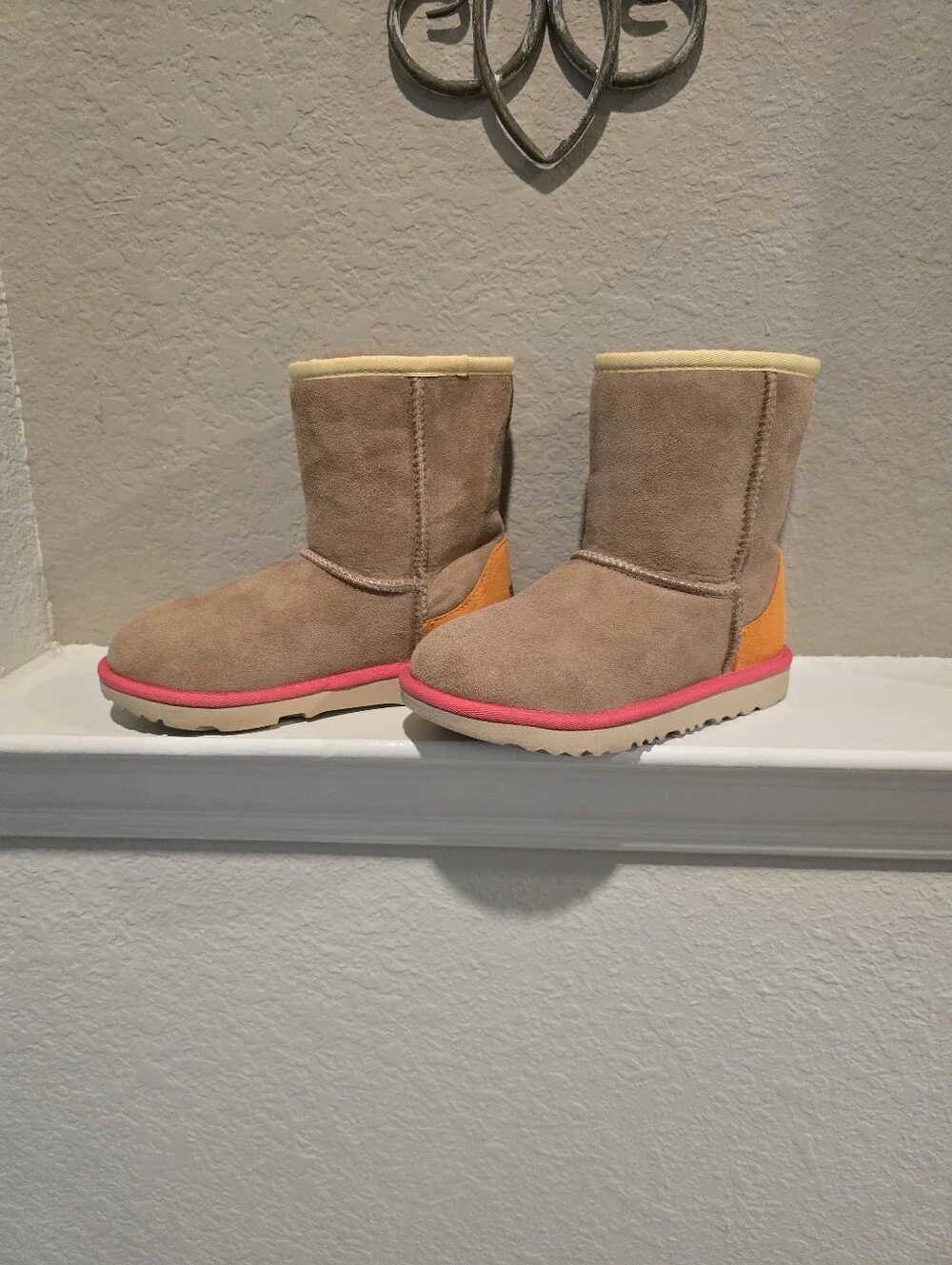 Ugg Kids Suede Shearling Boot - Tan with Pink Trim